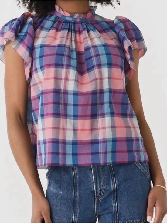 Birds Of Paradise Tops - Birds of Paradis by Trovata Plaid Ruffle Short Sleeve Blouse Top
